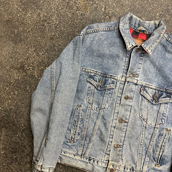 Levi’s Denim Buffalo Plaid Lined Trucker Jacket Mens Medium VTG 90s 80s Blue Red - Picture 12 of 12